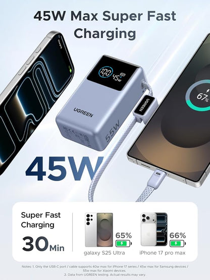 UGREEN Nexode Pro Power Bank 10,000mAh 45W, Compact Portable Charger, Built-in USB-C Cable, PD Super Fast Charging Battery Pack with Digital Display for iPhone 17/16 Pro Max Air/Galaxy S26 Ultra