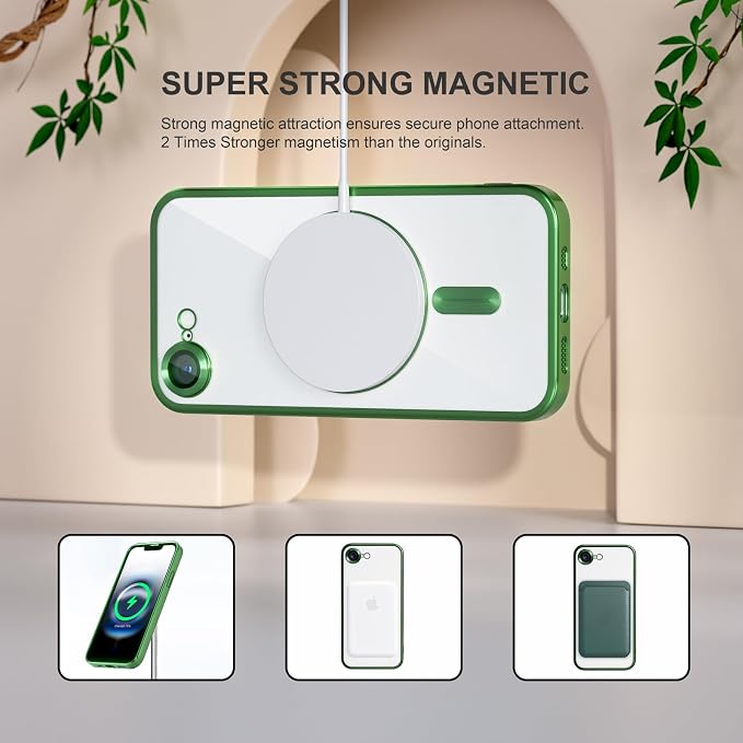 Misea Magnetic for iPhone 17e / 16e Case Compatible with MagSafe [Never Yellowing] [Military Grade Drop Protection] Full Camera Lens Protector Plating Soft Clear Phone Case for Women 6.1 inch, Green