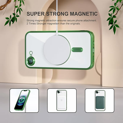 Misea Magnetic for iPhone 17e / 16e Case Compatible with MagSafe [Never Yellowing] [Military Grade Drop Protection] Full Camera Lens Protector Plating Soft Clear Phone Case for Women 6.1 inch, Green