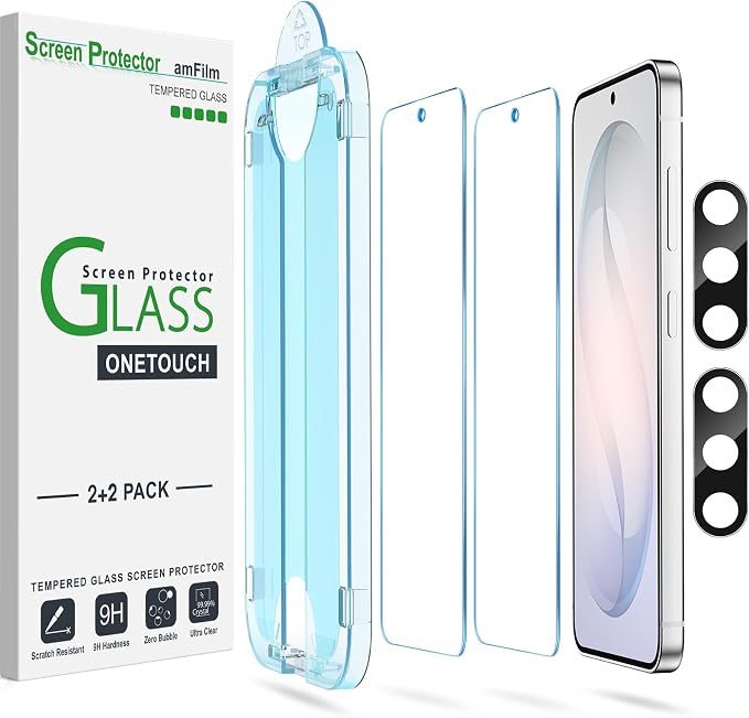 amFilm Auto-alignment OneTouch for Samsung Galaxy S26+ Plus 6.7'' Screen Protector + Camera Lens Protector, Tempered Glass, 30 seconds Installation, Bubble Free, Case Friendly, Anti-Scratch 2+2 Pack