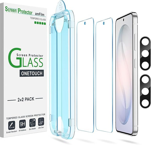 amFilm Auto-alignment OneTouch for Samsung Galaxy S26+ Plus 6.7'' Screen Protector + Camera Lens Protector, Tempered Glass, 30 seconds Installation, Bubble Free, Case Friendly, Anti-Scratch 2+2 Pack