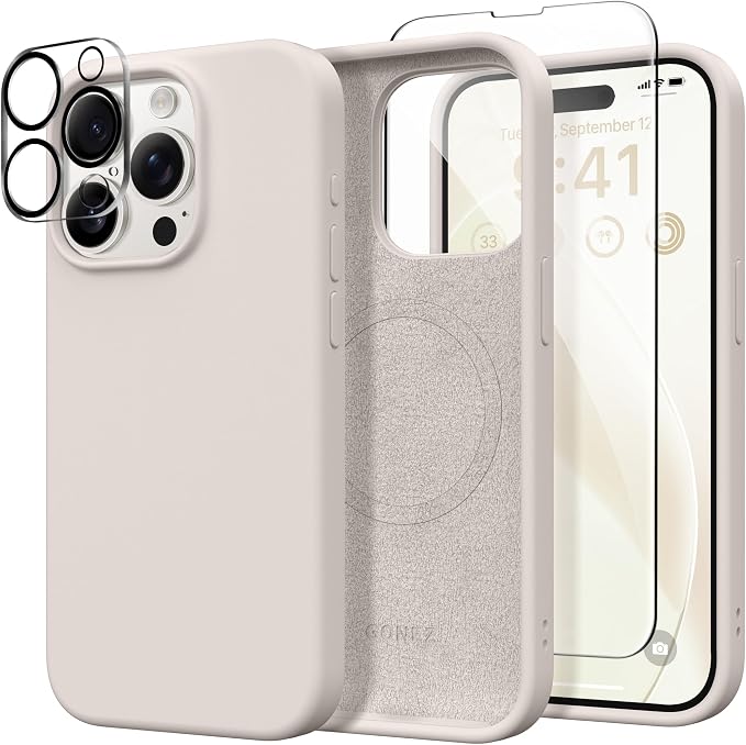 GONEZ Magnetic for iPhone 15 Pro Case, Compatible with MagSafe, [Screen Protector + Camera Lens Protector], Silicone Shockproof Anti-Scratch Protective Phone Case 6.1 inch, Stone