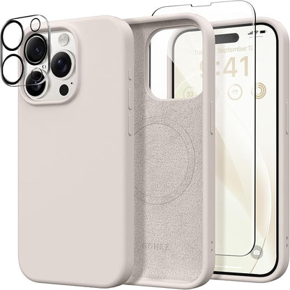 GONEZ Magnetic for iPhone 15 Pro Case, Compatible with MagSafe, [Screen Protector + Camera Lens Protector], Silicone Shockproof Anti-Scratch Protective Phone Case 6.1 inch, Stone
