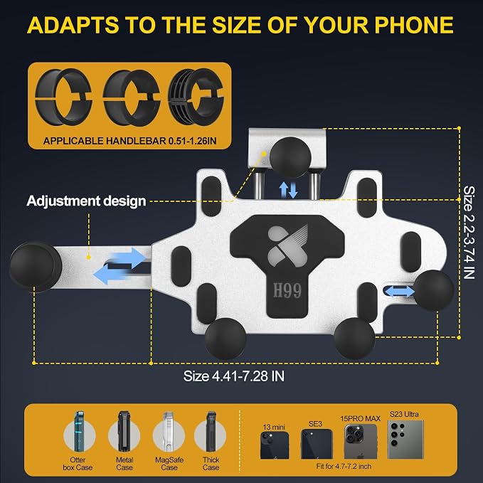 Aluminum Alloy Motorcycle Phone Mount Holder [Dual Vibration Dampener] [Metal Adjustment Arm] Motorcycle Handlebar Accessories,for 4.7-7.2 inch Samsung Apple Phone