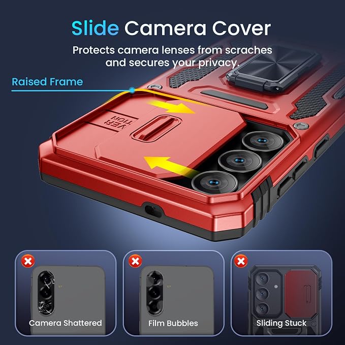 Caka for Samsung Galaxy S25 FE Case [HD Screen Protector] [Full Camera Lens Cover] [360°Rotated Kickstand Ring] [Heavy Duty Protection] Hard Rugged Protective Phone Cover for S25 FE - Red