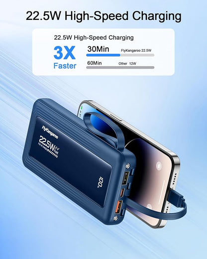Portable Charger 10000mAh 22.5W Power Bank | Built in 4 Cables, Slim, Fast Charging, USB C LED Display, 6 Outputs & 2 Inputs, Flashlight