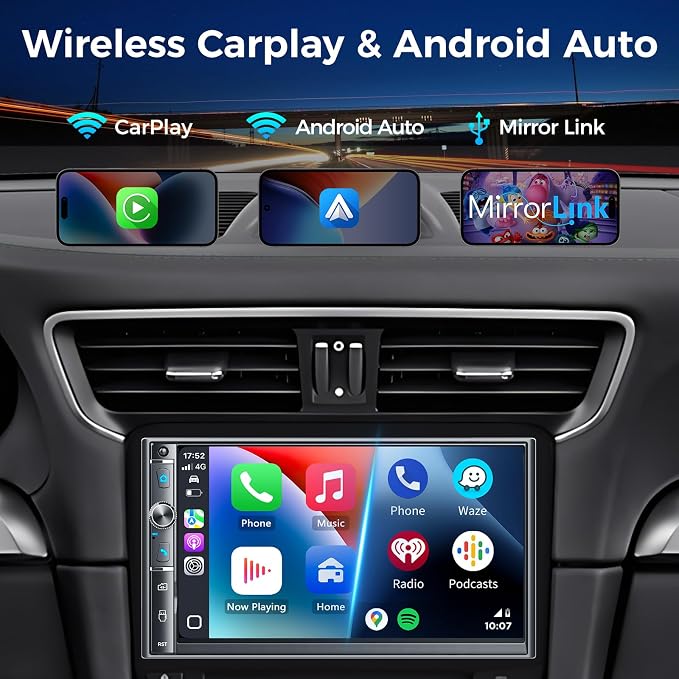 Double Din Car Stereo with 7" HD Touchscreen, Wireless Apple Carplay & Android Auto, Bluetooth, 240W, SWC, Subwoofer Output, Mirror Link, FM/AM Car Radio Receiver, Backup Camera