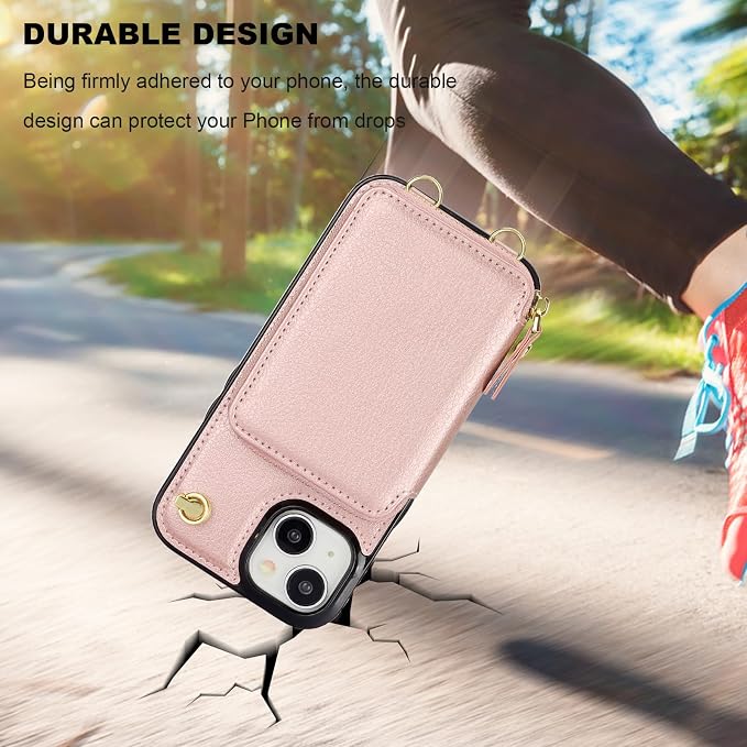 Bocasal Crossbody Wallet Case for iPhone 15, RFID Blocking Leather Purse Case with Card Holder, Protective Handbag Flip Cover with Zipper Wrist Strap Lanyard for Women 5G 6.1 Inch (Rose Gold)