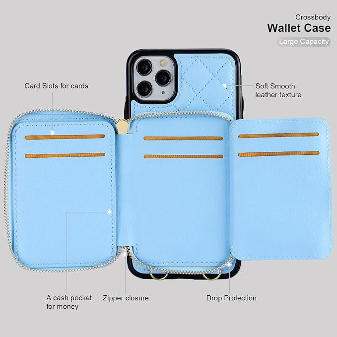 Bocasal Crossbody Wallet Case for iPhone 11 Pro Max, RFID Blocking PU Leather Zipper Handbag Purse Flip Cover, Kickstand Folio Case with Card Slots Holder Wrist Strap Lanyard 6.5 Inch (Blue)
