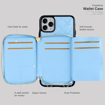 Bocasal Crossbody Wallet Case for iPhone 11 Pro Max, RFID Blocking PU Leather Zipper Handbag Purse Flip Cover, Kickstand Folio Case with Card Slots Holder Wrist Strap Lanyard 6.5 Inch (Blue)
