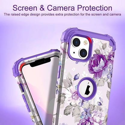 Hocase for iPhone 14 Case/iPhone 13 Case, Heavy Duty Shockproof Protection Soft Silicone Rubber+Hard Plastic Bumpers Hybrid Protective Case for iPhone 13/14 (6.1") - Lavender Flowers