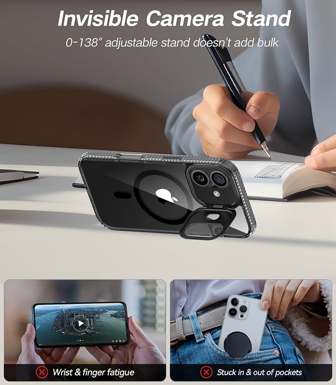 [Upgraded] for iPhone 16 Case with Camera Cover Stand [Fit for MagSafe][9H Camera Lens Protector] Mil-Grade Protection Transparent Magnetic iPhone 16 Phone Case, Clear Black