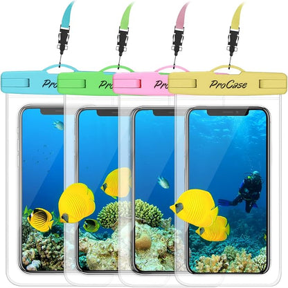 ProCase Waterproof Phone Pouch for iPhone 17 Air 16 15 14 13 12 11 Pro Plus Max Mini Xs XR X 8 7 Galaxy S23 S22 S21 Ultra Note Black Underwater Case, up to 7" -Blue/Green/Pink/Yellow