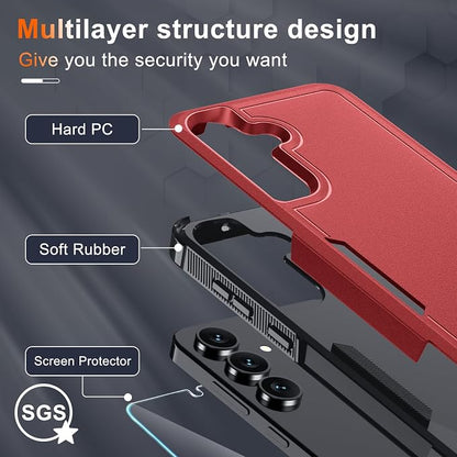 for Samsung Galaxy S25 FE Case with Screen Protector+Camera Lens Cover,Military Grade Heavy Duty Shockproof Phone Cover with Wrist Lanyard Strap for Samsung S25fe,Red