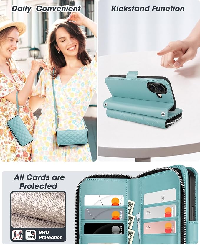 OCASE for iPhone 17 Crossbody Wallet Case - Stylish PU Leather Handbag Phone Purse with Zipper Closure, Card Slots & RFID Blocking - Wrist Strap, Lanyard, Kickstand - Diamond Check Green