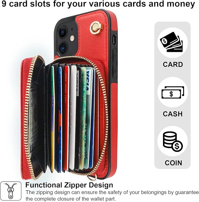 Bocasal Crossbody Wallet Case for iPhone 12/12 Pro, RFID Blocking Leather Purse Case with Card Holder, Protective Handbag Flip Cover with Zipper Wrist Strap Lanyard for Women 5G 6.1 Inch (Red)