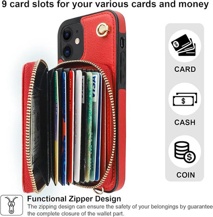 Bocasal Crossbody Wallet Case for iPhone 12/12 Pro, RFID Blocking Leather Purse Case with Card Holder, Protective Handbag Flip Cover with Zipper Wrist Strap Lanyard for Women 5G 6.1 Inch (Red)