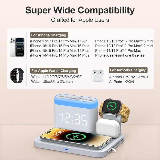 ANJANK Wireless Charging Station with Alarm Clock & Night Light,Magnetic 5 in 1 Charger Stand for Multiple-Device,Charging Dock for iPhone 17 16 15 14 13 12 Pro Max Plus,Apple Watch,Airpods,Nightstand