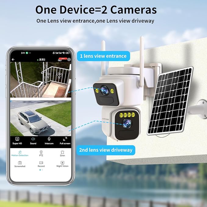 Cameras for Home Security with Dual Lens,2.4G/5G WiFi Outdoor Camera Wireless Solar Powered,PIR Alarm,Color Night Vision,2-Way Audio,Cloud/SD Storage,No Month Fee(2 Pack)