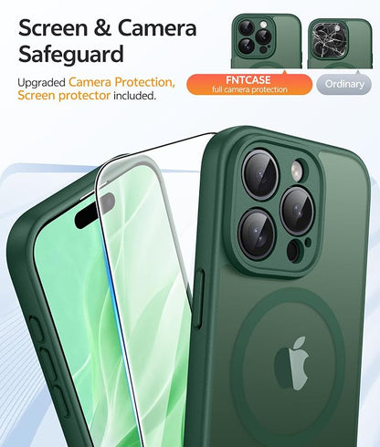 FNTCASE for iPhone 15 Pro Case: [Compatible with Magsafe] Translucent Matte Cases with [Full Camera Protection] [Screen Protector] Military Grade Shockproof Protective Phone Cover - Green