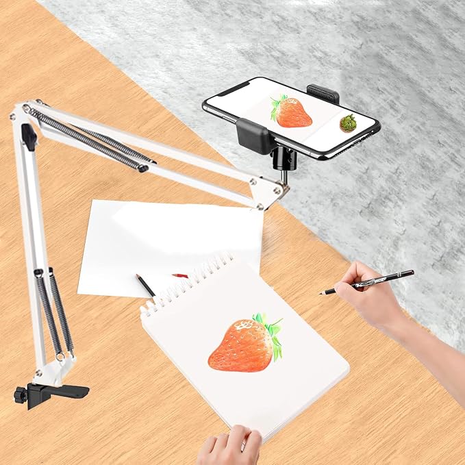 Overhead Tripod Mount for Camera Webcam Ring Light, Over Head Articulating Arm with Phone Holder and Ball Head, Desktop Suspension Scissor Accessory for Live Streaming,Video Recording （White）