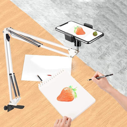 Overhead Tripod Mount for Camera Webcam Ring Light, Over Head Articulating Arm with Phone Holder and Ball Head, Desktop Suspension Scissor Accessory for Live Streaming,Video Recording （White）