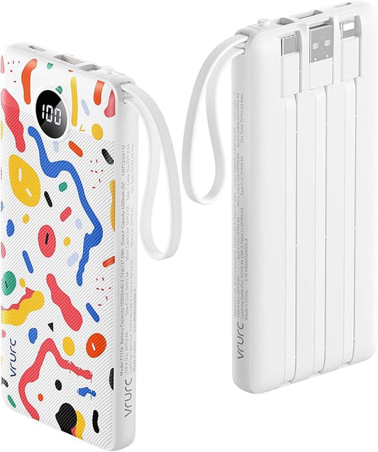 VRURC Portable Charger, Built-in Cables Power Bank 10000mAh, LED Display Slim USB C Battery Pack with 5 Output 2 Input for iPhone, Samsung, Android etc-White(1 Pack)