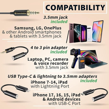 PowerDeWise Professional Grade Lavalier Clip On Microphone - Lav Mic for Camera Phone iPhone GoPro Video Recording ASMR - Small Noise Cancelling 3.5mm Tiny Shirt Microphone with Easy Clip On System