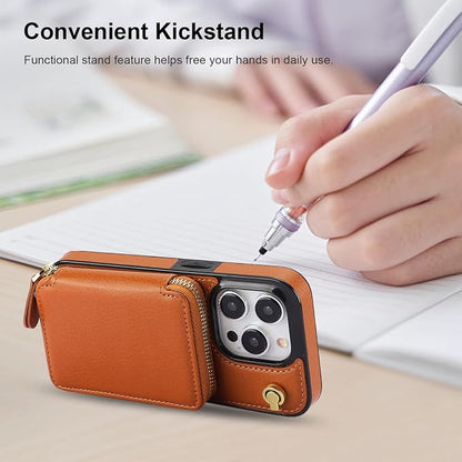 Bocasal Crossbody Wallet Case for iPhone 15 Pro, RFID Blocking Leather Purse Case with Card Holder, Protective Handbag Flip Cover with Zipper Wrist Strap Lanyard for Women 5G 6.1 Inch (Brown)