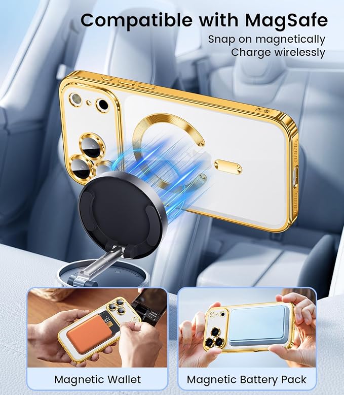 Slim Thin for iPhone 17 Pro Case Clear, Compatible with MagSafe, Built-in Camera Lens Protector, Shockproof Protective Phone Case, Soft Electroplated Magnetic Cover, Gold