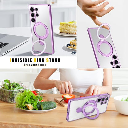 Magnetic for Samsung Galaxy S24 Ultra Case Stand & Ring Holder Compatible with MagSafe Built-in Camera Lens Protector Phone Case for Samsung S24 Ultra - Purple