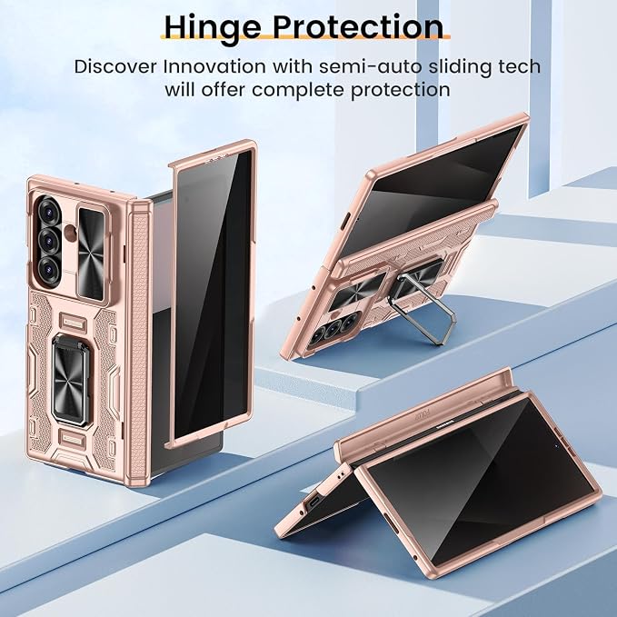 VEGO for Galaxy Z Fold 7 Case with Stand,Built-in Privacy Screen Protector | Slide Camera Cover & Hinge Protection Military Grade Shockproof Rugged Full Body Anti-Drop Case for Z Fold 7 2025-Rose Gold