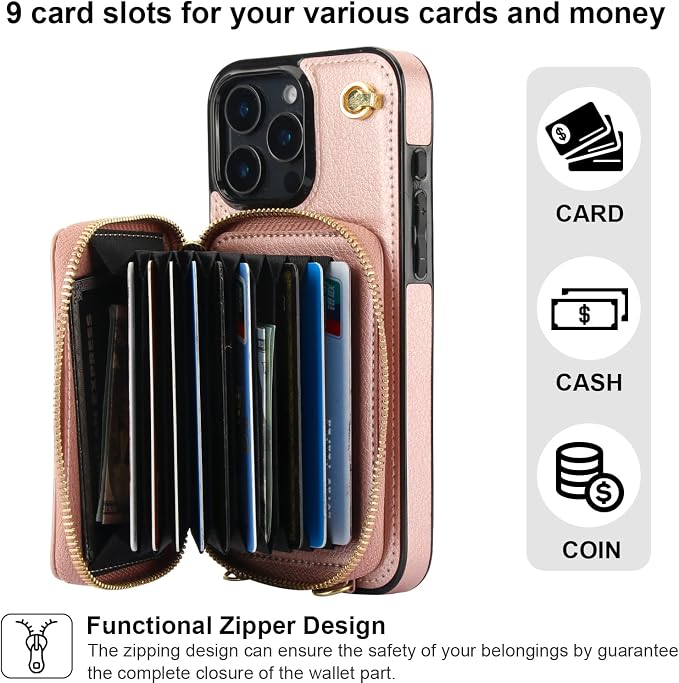 Bocasal Crossbody Wallet Case for iPhone 16 Pro Max, RFID Blocking Leather Purse Case with Card Holder, Protective Handbag Flip Cover with Zipper Wrist Strap Lanyard for Women 5G 6.9 Inch (Rose Gold)