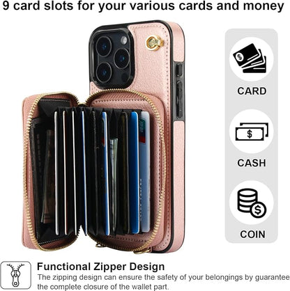 Bocasal Crossbody Wallet Case for iPhone 16 Pro Max, RFID Blocking Leather Purse Case with Card Holder, Protective Handbag Flip Cover with Zipper Wrist Strap Lanyard for Women 5G 6.9 Inch (Rose Gold)