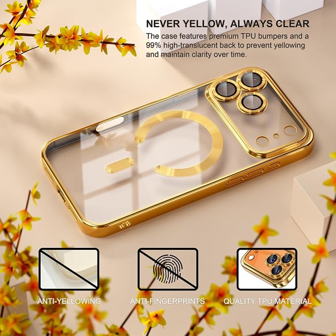Misea Magnetic for iPhone 17 Pro Max Case Compatible with MagSafe [Never Yellowing] [Military Grade Drop Protection] Full Camera Lens Protector Plating Soft Clear Phone Case for Women, Gold