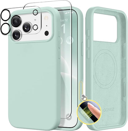 GONEZ Magnetic for iPhone 17 Pro Max Case, Compatible with MagSafe, [Screen Protector + Camera Lens Protector], Liquid Silicone Anti-Scratch Shockproof Protective Phone Case 6.9 inch, Mint Green