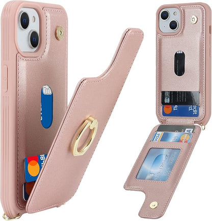 Lipvina for iPhone 13 Case with Card Holder for Women,Phone Case with Strap,Crossbody Lanyard,RFID Blocking,Ring Stand,Snap Clasp,Cute Wallet Cases for iPhone 13 6.1 inch(Rose Gold)