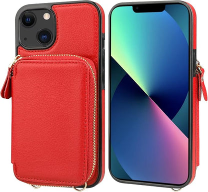 Bocasal RFID Blocking Wallet Case for iPhone 14 iPhone 13, Adjustable Crossbody Zipper Purse Case Card Holder with Kickstand Detachable Wrist Strap, PU Leather Flip Folio Case 6.1 Inch 5G (Red)