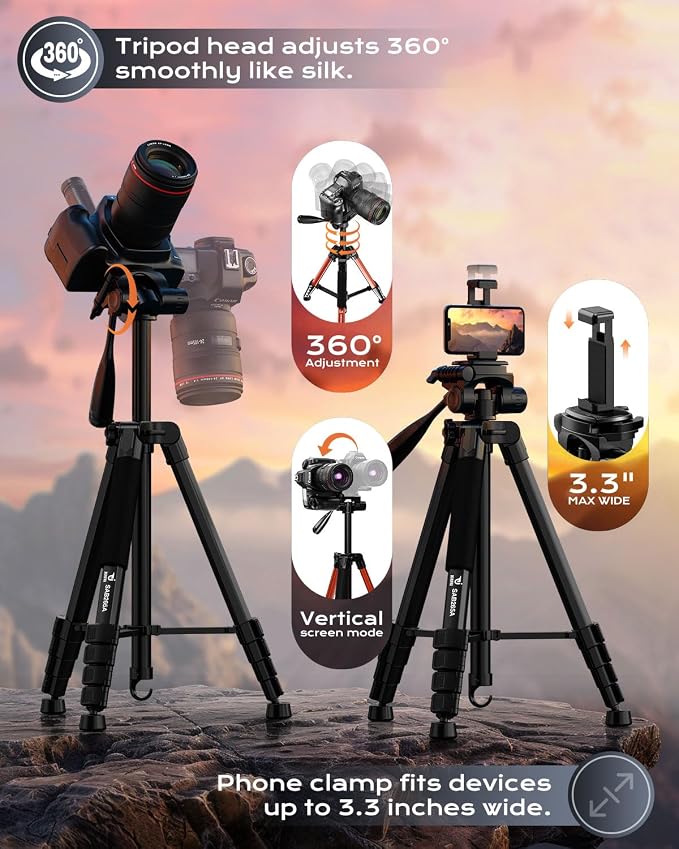 73" Camera Tripod Stand, Aluminum Tripod with Phone Holder, Travel Bag, Compatible with GoPro/DSLR/Cell Phone/Camcorder, Max Load 8.8LB (Black)