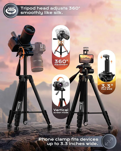 73" Camera Tripod Stand, Aluminum Tripod with Phone Holder, Travel Bag, Compatible with GoPro/DSLR/Cell Phone/Camcorder, Max Load 8.8LB (Black)