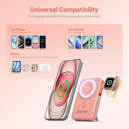 Magnetic Portable Charger Built-in Cables,10000mAh Fast Charging Wireless Charger Station External Battery Pack Slim Pocket Size Power Bank with Stand Compatible with iWatch, iPhone