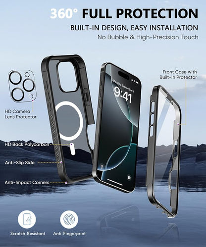 Compatible with iPhone 16 Pro Case, Built-in Screen Protector, with Camera Lens Protector, [Compatible with MagSafe] Matte Back Full Body Phone Case, Protective Cover for 16Pro 6.3" (Black)