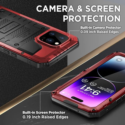 Beasyjoy for iPhone 14 Pro Max Waterproof Case, Metal Heavy Duty Case with Built-in Screen Protector, Full Body Protective Military Grade Shockproof Dustproof Defender Rugged Case 6.7 Inch, Red