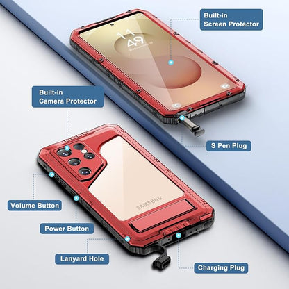 Mitywah Waterproof Case for Samsung Galaxy S25 Ultra, Heavy Duty Metal Kickstand Case, Shockproof Full Body Phone Case with Built-in Screen Protector for Samsung S25 Ultra Case Red