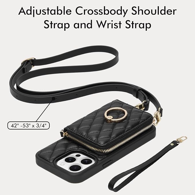 ZVE for iPhone 16 Pro Wallet Case for Women, PU Leather Shockproof Crossbody Phone Case with Card Holder for iPhone 16 Pro 6.3 Inch-Black