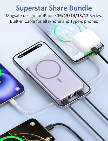 Magnetic Portable Charger, 10000mAh Power Bank, 5 in 1 Portable Charger with Built in Cable, 20W Fast Charging for Magsafe Battery Pack Compatible with iPhone 17/16/15/14/13/12 Pro/Pro Max-Lavender