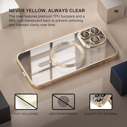 Misea Magnetic for iPhone 15 Pro Max Case [Never Yellowing] [Military Grade Drop Protection] Full Camera Lens Protector Soft Clear Phone Case for Women Girls, Titanium Gold