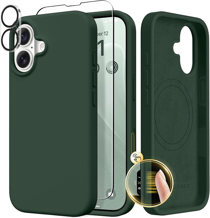 GONEZ Magnetic for iPhone 17 Case, Compatible with MagSafe, [Screen Protector + Camera Lens Protector], Liquid Silicone Anti-Scratch Shockproof Protective Phone Case 6.3 inch, Army Green