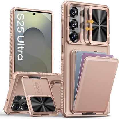 SSLOTSCASE for Samsung Galaxy S25 Ultra Case with Card Holder & Camera Stand & Kickstand & Slide Camera Lens Cover & Wallet, Heavy-Duty Shockproof Protection Phone Cover for S25 Ultra 6.9", Rose Gold