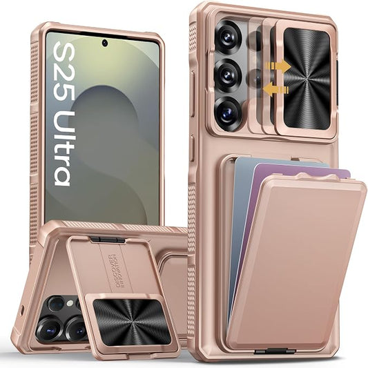 SSLOTSCASE for Samsung Galaxy S25 Ultra Case with Card Holder & Camera Stand & Kickstand & Slide Camera Lens Cover & Wallet, Heavy-Duty Shockproof Protection Phone Cover for S25 Ultra 6.9", Rose Gold